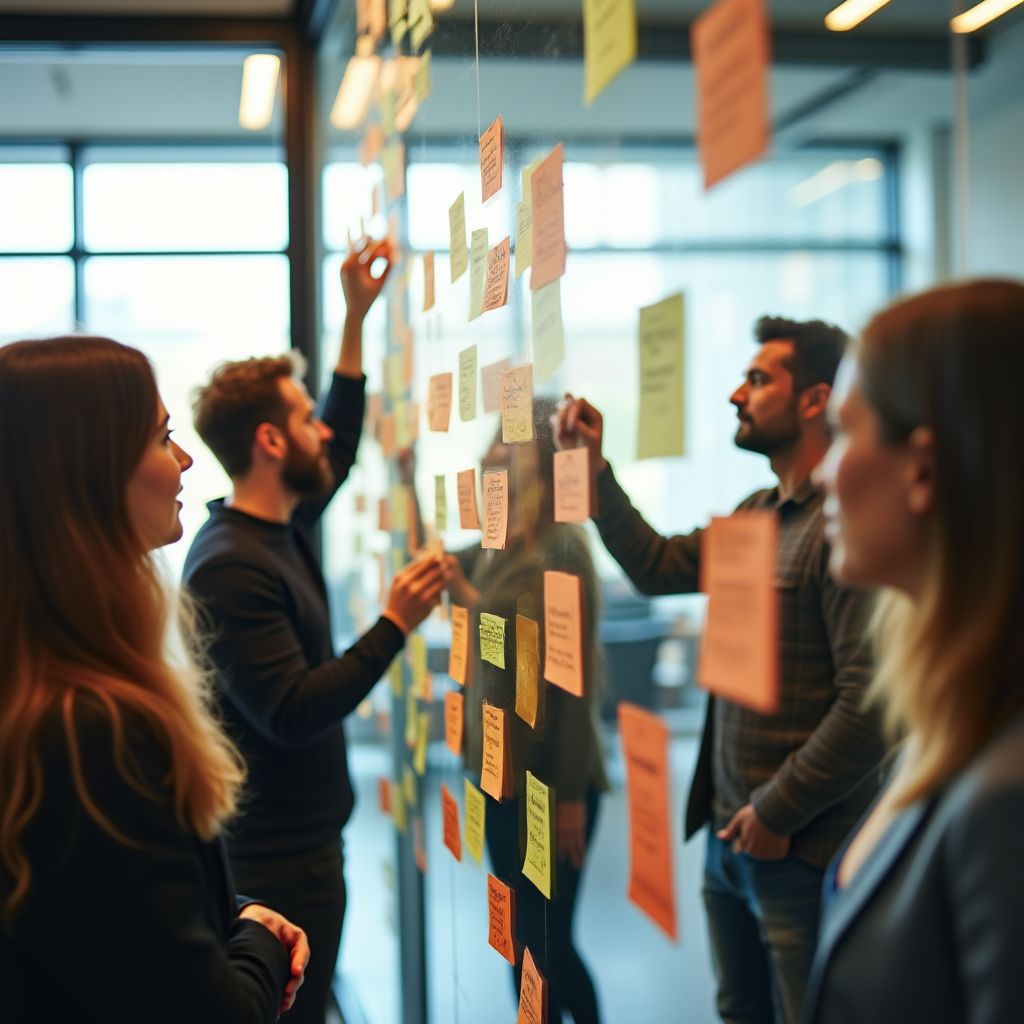 Equipo colaborando en una sesión de brainstorming