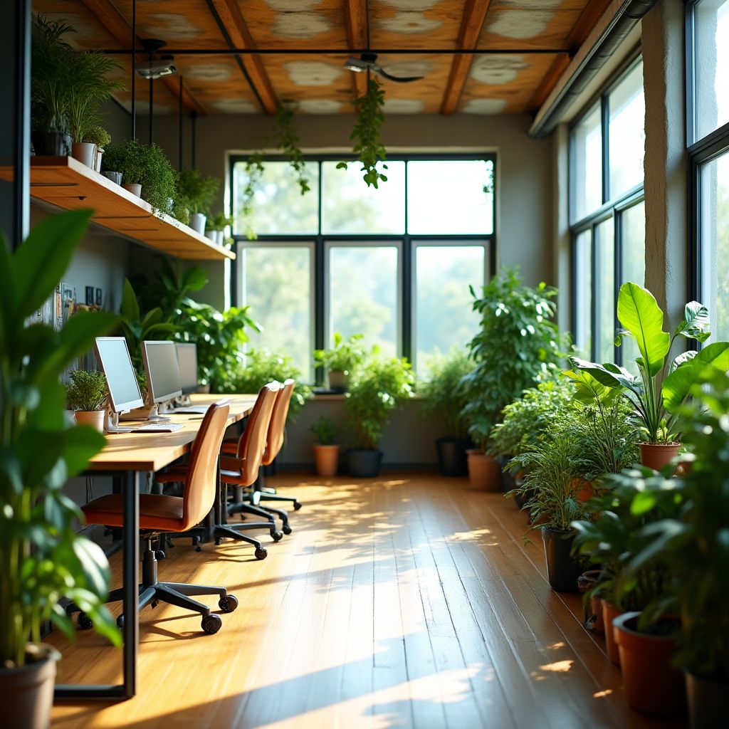 Detalle de la oficina con plantas y elementos de diseño sostenible
