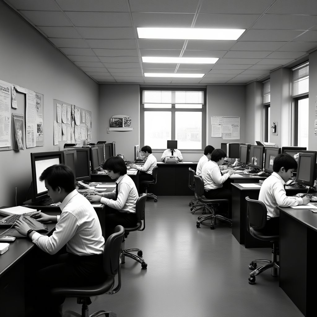 Oficina de la empresa en sus inicios con un estilo retro