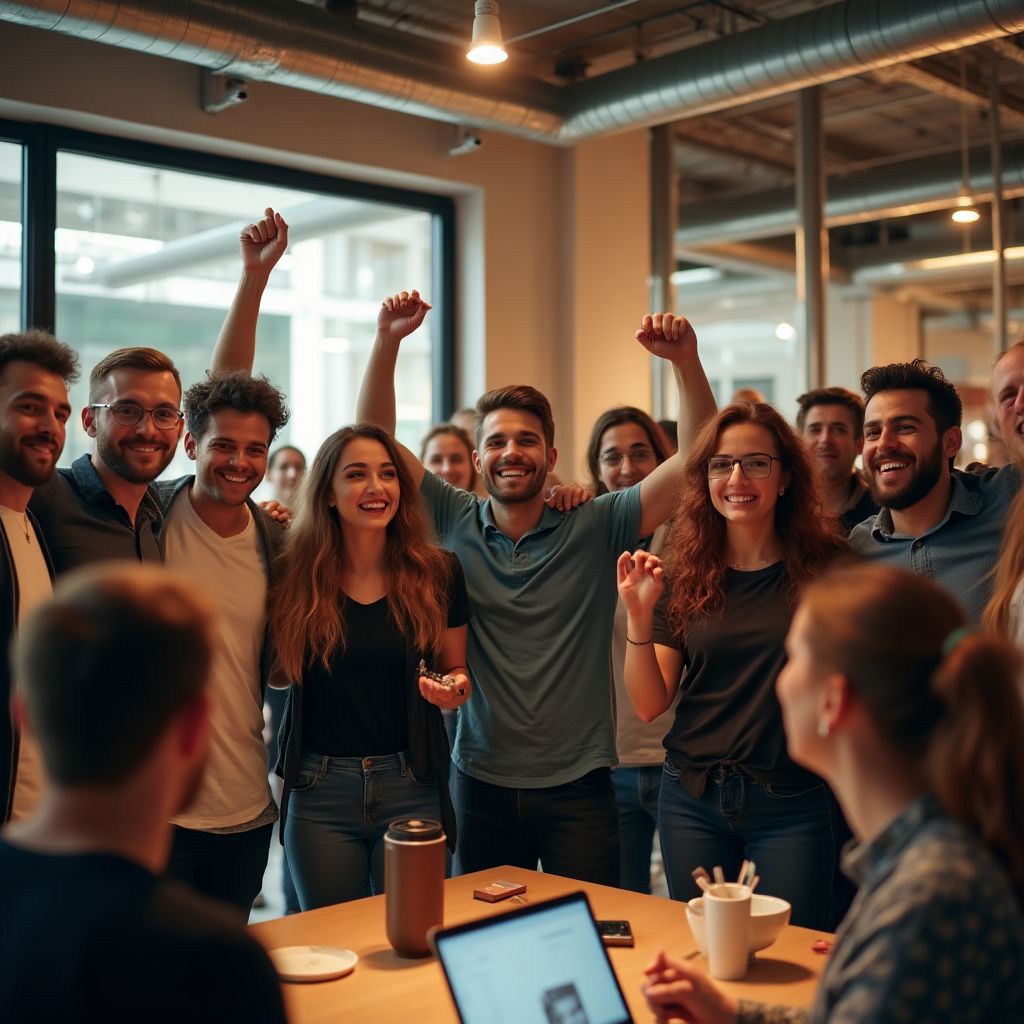 Una startup de tecnología celebrando un lanzamiento exitoso