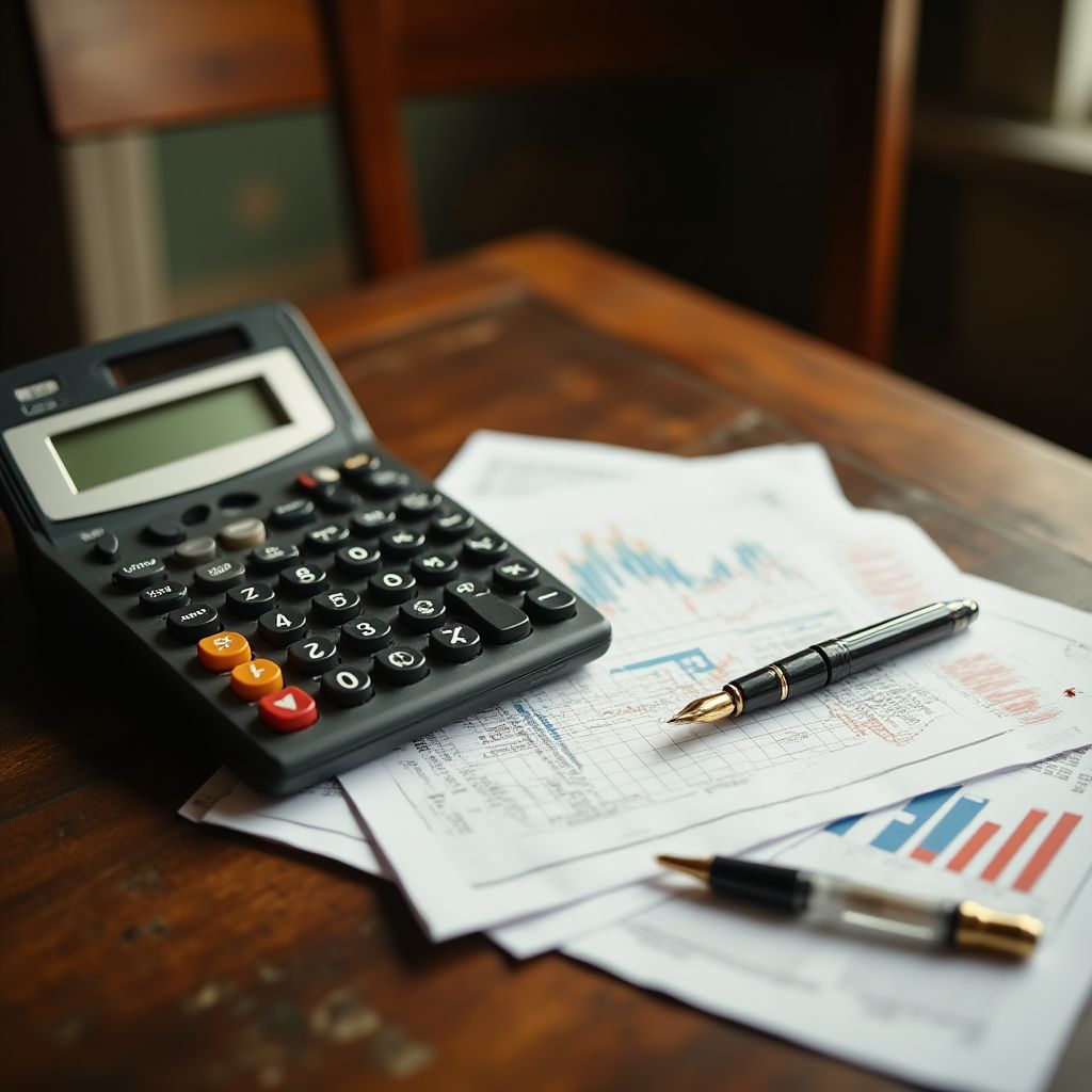 Calculadora y documentos financieros sobre un escritorio de madera